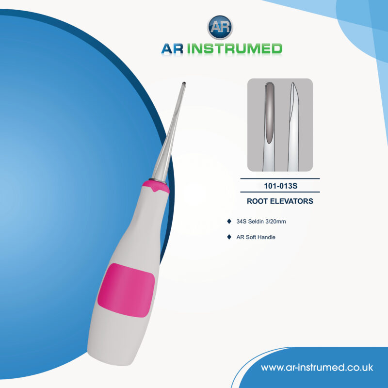 AR INSTRUMED 34S Seldin 3/20mm straight dental root elevator with light pink ergonomic silicone handle for tooth extraction