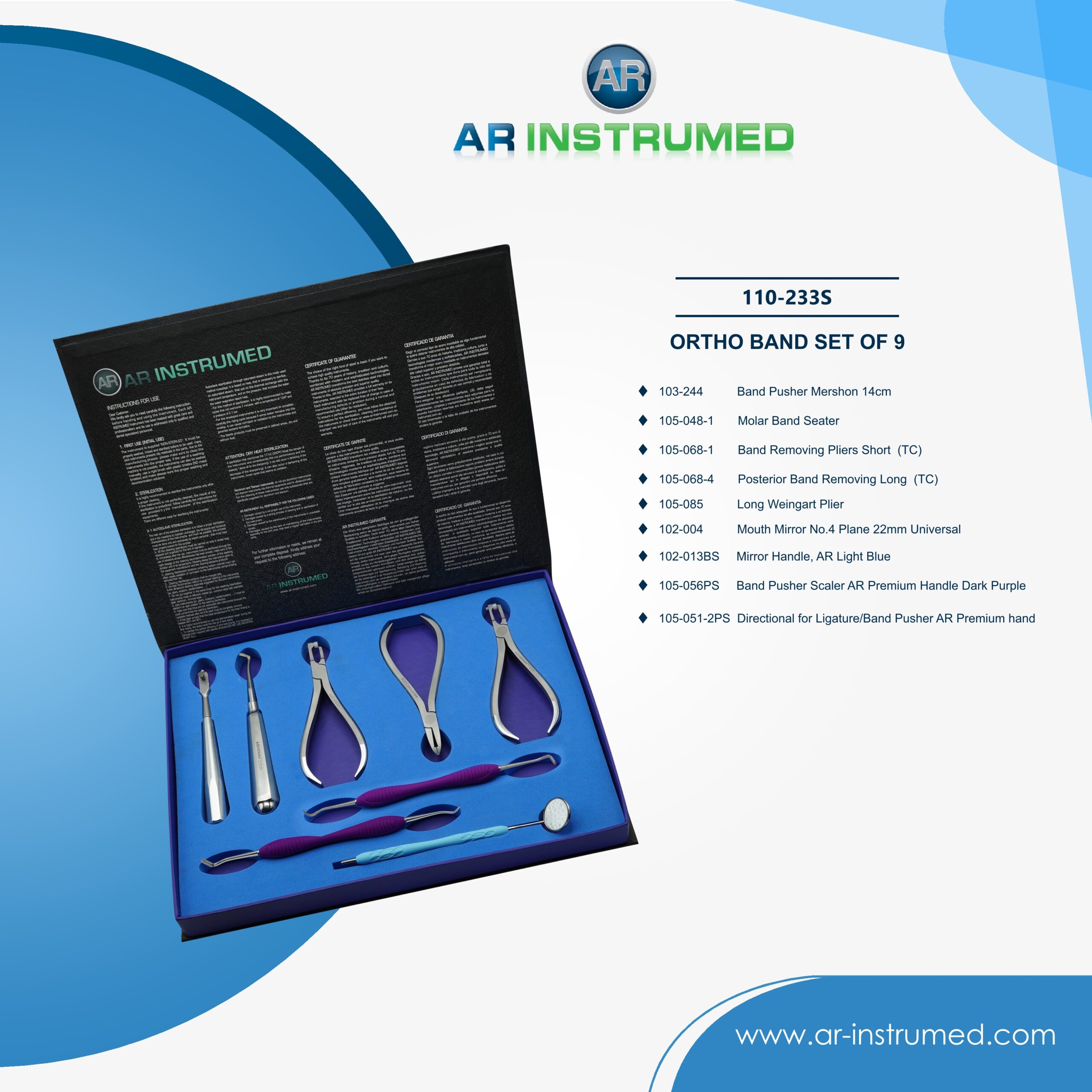 110-233S AR INSTRUMED 9 piece orthodontic band set stainless steel UK dental instrument band pushers seater remover plier orthodontic kit instruments